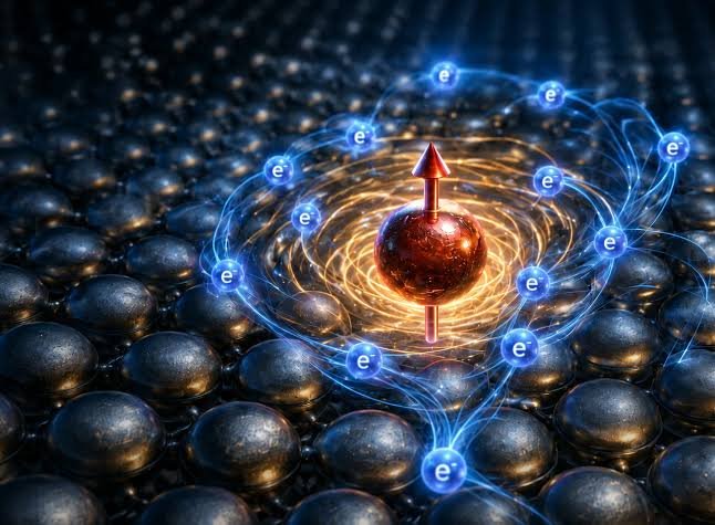 Ilustración conceptual de interacciones cuánticas y estructuras atómicas en materiales.